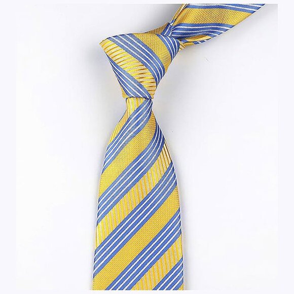 Men's Gingham Check Stripe Ties Pattern Business Yellow Blue Striped - Picture 3 of 4